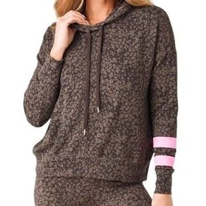 SUNDRY Brown Floral Hoodie Pullover Pink Stripe Sleeve Size 2 (med) NWT